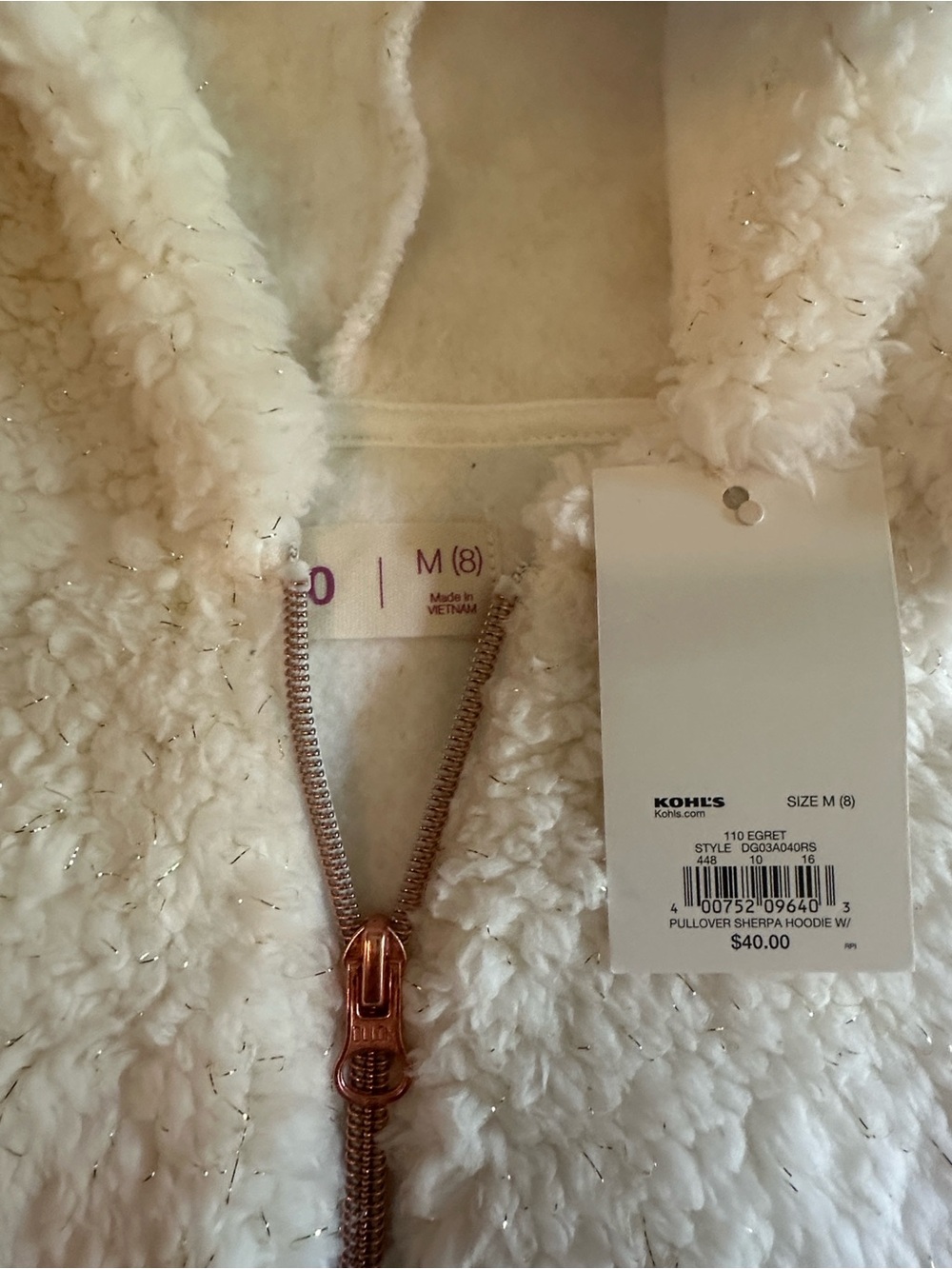 SO Kids Cream Sherpa Hoodie with Rose Gold Zipper